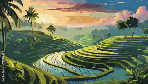 Bali landscape rice terraces and mountains in the morning