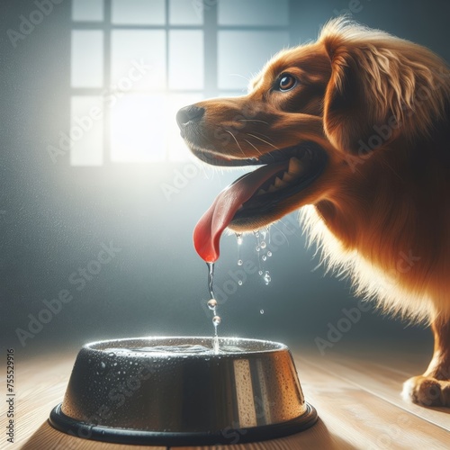 Panting dog drinks water from a metal bowl to quench thirst 