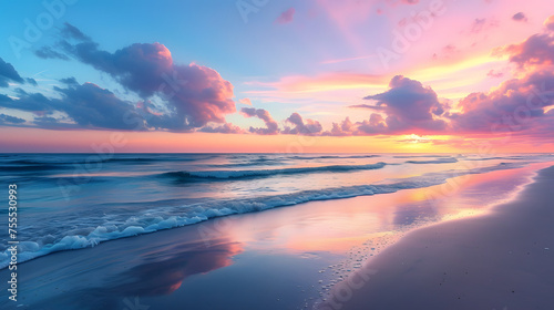 tranquil beach at sunset with colorful skies background