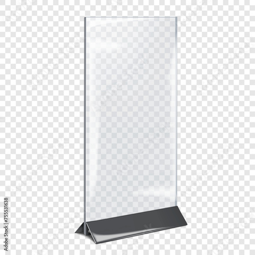 Table tent. Clear countertop pop banner stand. Realistic mockup. Desktop promo graphic holder vector mock-up. Blank transparent counter display template