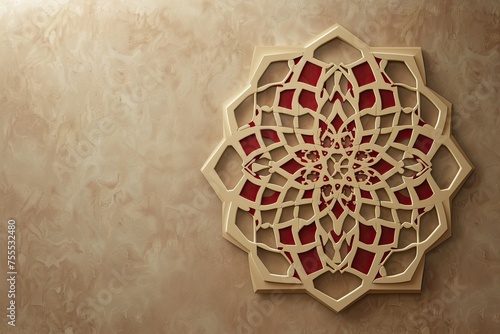 burgundy and beige islamic octagonal ornament with curved pattern on brown background 