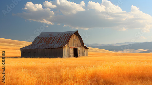 rustic barn in the midst of a golden field background
