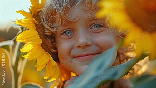 close-up of a small youngster grinning and covering his face with a sunflower. Concept of invisible disability