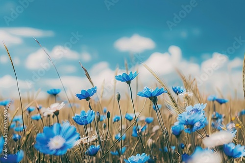 A field of blue flowers with a clear blue sky in the background