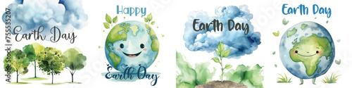Happy Earth Day watercolor Card about saving the planet, nature and ecology.