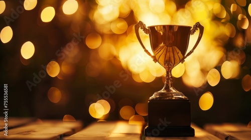 A trophy displayed in a way that plays with perspective and incorporates bokeh to enhance the mood