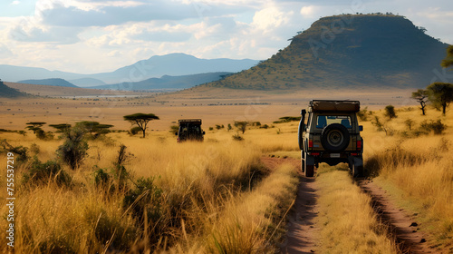 Safari vehicles traversing the vast landscape background
