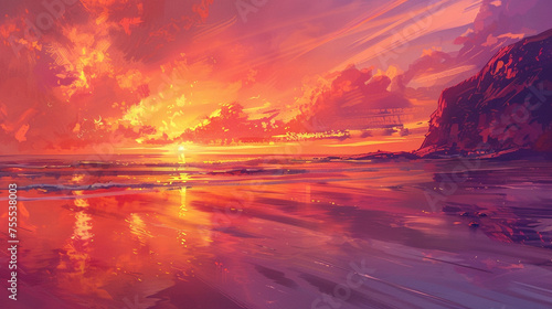 fiery sunrise on the sky with shades of orange and pink over a beach