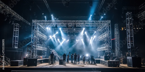 A Live stage production being built in a center stage type venue. Stage rigging equipment, lighting trusses, stairs and PA systems being carried in.