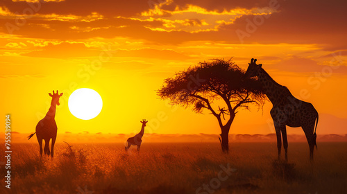Animals on the African savannah against a golden sunset background