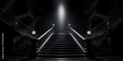 An abstract composition of a single light illuminating the symmetry of a dark staircase at night, creating an alluring contrast between the monochrome black and white lines