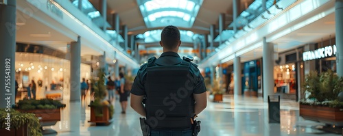 Guardian of a busy mall: a security guard on duty. Concept Security, Guard, Mall, Duties, Safety