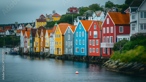 Colorful houses perched along the waterfront background