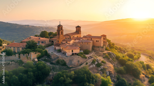 Historic monastery perched on a hill at sunrise background
