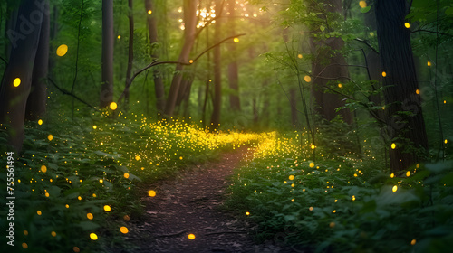 Glowing trails of fireflies among trees and foliage background