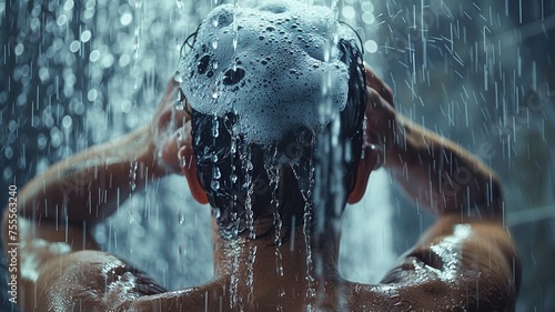 Young man in the shower, washing his head with shampoo and water.
