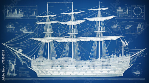 Illustration of a technical drawing of an old boat galleon style mixing the vintage aspect of the ship and the modern look of the blueprint