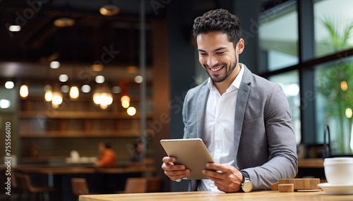 happy businessman with tablet pc in cafe or coffee shop, technology concept