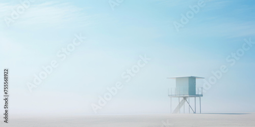 Lifeguard Tower in a white mist on a beach of seaside. Lonely landscape with watchtower. Generative AI