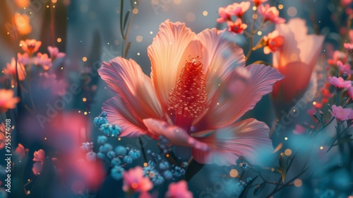 Creative AI generated illustration of composition of blossoming flowers with gentle petals of various bright colors and stamens
