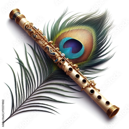 A beautiful flute adorned with a peacock feather isolated on white background