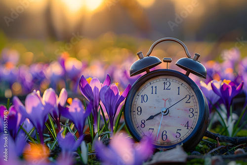 Alarm clock among blooming crocuses, spring forward concept. Spring time change, first spring flowers, daylight saving time. Daylight savings, lose an hour.