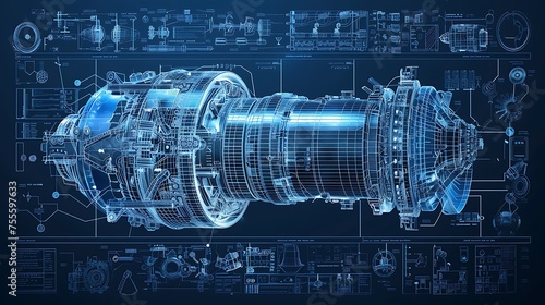 Blueprint of turbo engine machinery in blue with detailed another machine AI Image Generative