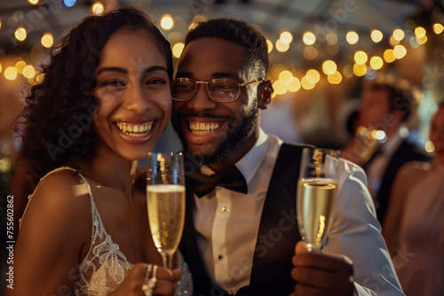 Beautiful bride and groom celebrating wedding with glasses 