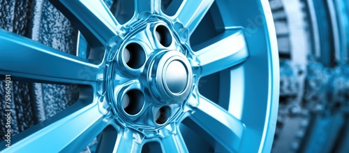 A blue wheel with a silver rim. The wheel is shiny and has a modern look. The image is of a car wheel, and it is the only visible part of the car