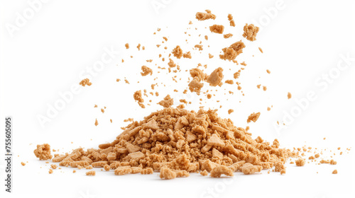 A delightful image featuring a pile of cake crumbs and cookies flying, isolated on a white background with clipping.