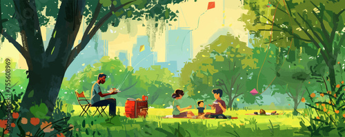 Quintessential Labor Day family picnic in a lush park complemented by fluttering kites and the aroma of barbeque