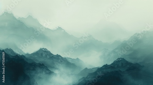 Misty Blue and Green Mountain Range with Layers of Fog.
