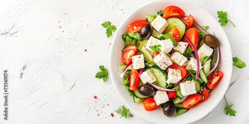 Greek Salad Delight. A vibrant and fresh Greek salad with feta cheese, juicy tomatoes, crisp cucumbers, and Kalamata olives, beautifully presented for a healthy meal. Top view with copy space.