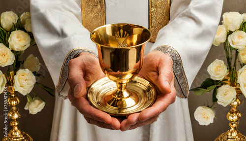 Extreme closeup of the hands of a priest holding a golden chalice, cup of wine (blood of Christ), symbolizing the holy sacrament of Communion in Christianity and the connection with God. Generative Ai