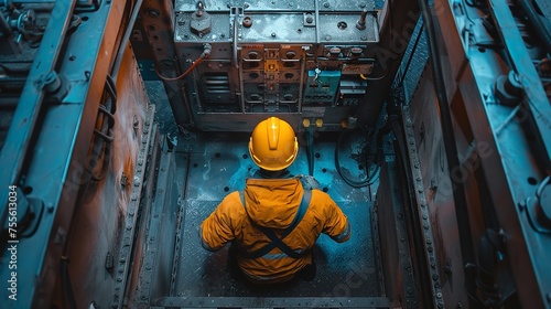Aerial photograph of a lift mechanic fixing an elevator within a lift shaft against blue light in the backdrop with space for text, Generative AI.