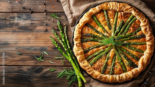 An appetizer on a wooden table featuring a top view of a handmade baked puff pastry asparagus tart with cheese and space for text, Generative AI.