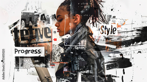 Collage on a white Background, with black typographic elements such as advertising inscriptions in the style of "Style", "Creative", "Rhythm" and other decorative text
