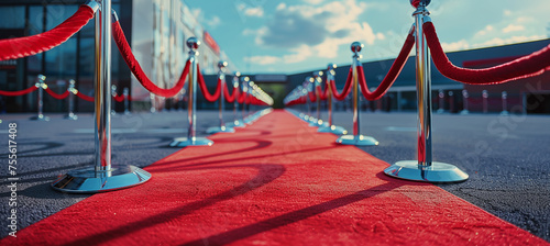 empty elegant red carpet with velvet ropes for VIPs