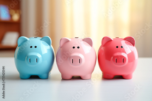 Three piggy banks of different colors stand in a row on the table, front view, house, expense planning concept