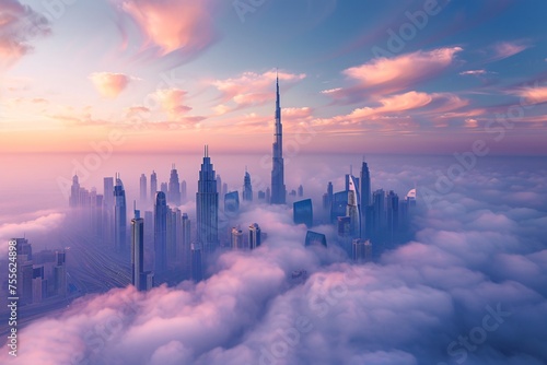 a city with many tall buildings and clouds