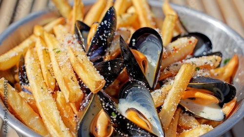 Delicious Mussels and French Fries with Parmesan Cheese in a Metal Bowl on a Wooden Background