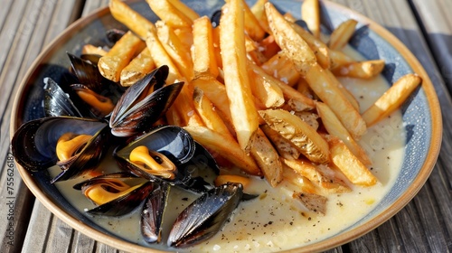 Fresh Mussels and French Fries in a Bowl on Wooden Table, Seafood Dish with Golden Potatoes