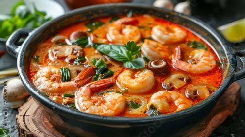 Delicious Spicy Seafood Stew with Shrimp and Squid in a Rustic Bowl on Wooden Background with Fresh Herbs