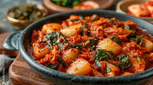 Delicious Spicy Tomato Pasta with Fresh Basil in Cast Iron Pan on Rustic Wooden Table, Vegetarian Italian Cuisine