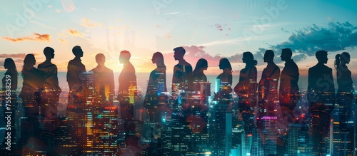 A double exposure of silhouettes representing diverse business people standing together