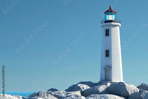 a lighthouse on rocks with blue sky