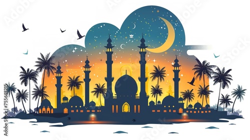 Ramadan mosque illustration with a big space for text a Ramadan card or theme type backdrop with space for text, Generative AI.