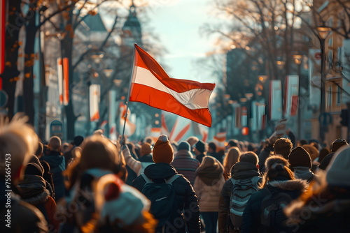 people celebrating and waving austrian flag on street