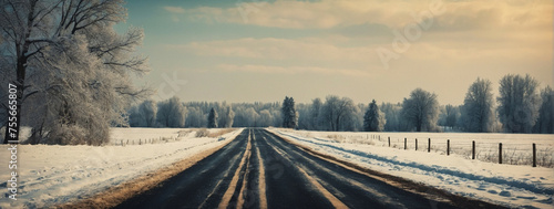 Snow Covered Road With Trees and Fence