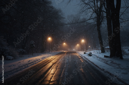 Snowy Road at Night With Street Lights